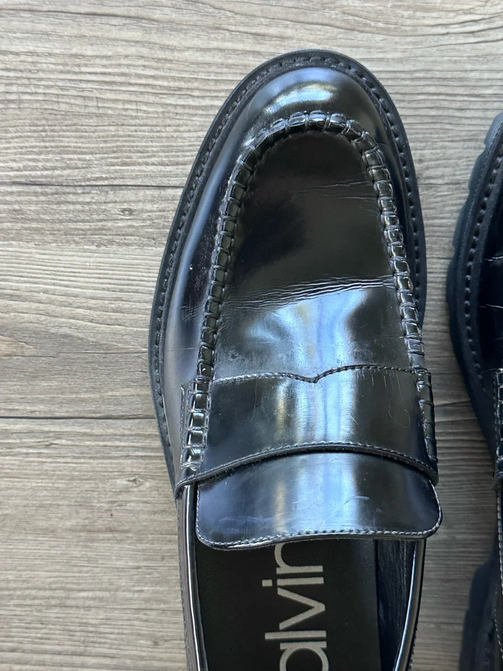 Calvin Klein Black Patent Leather Lug Sole Penny Loafers unisex men/women